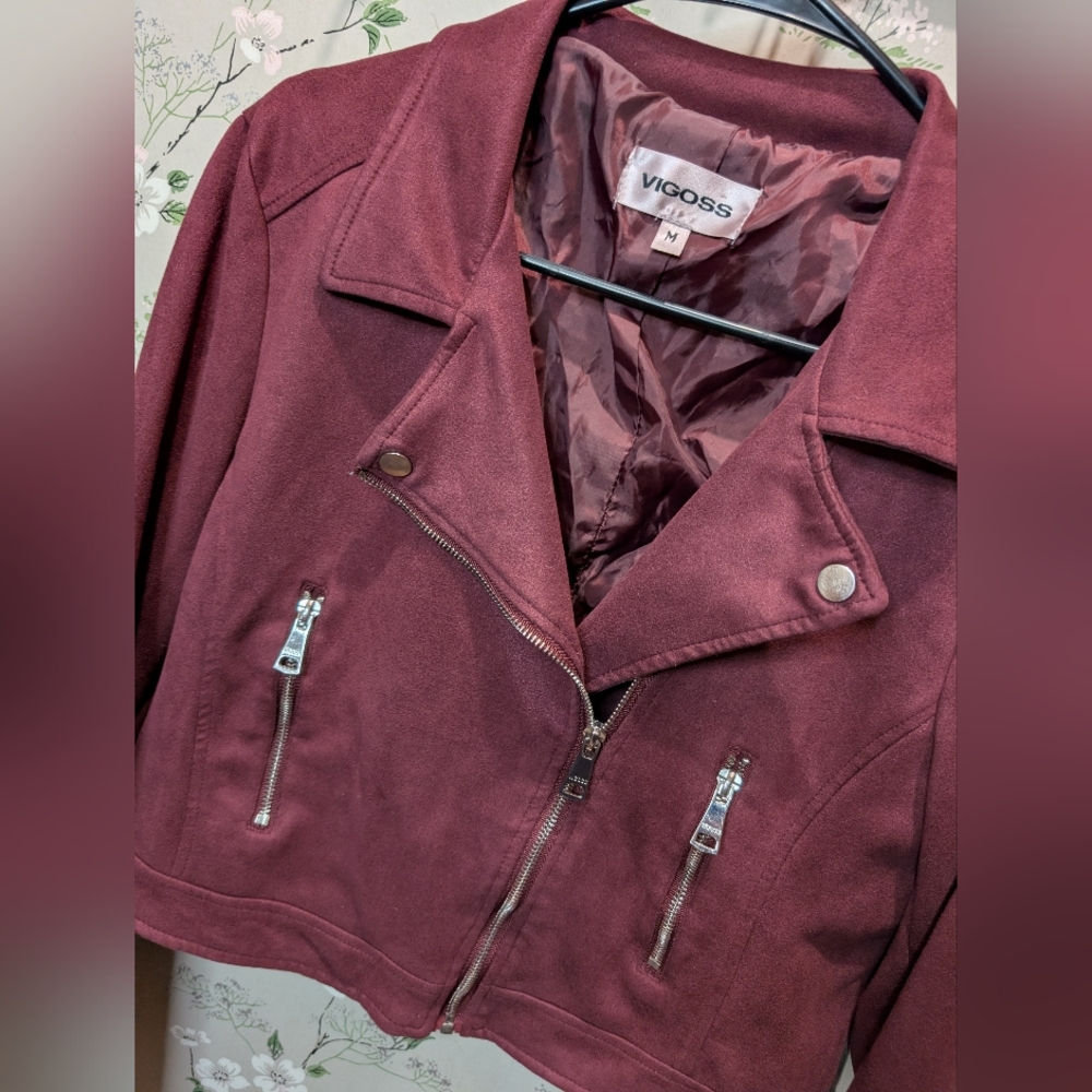 Vigoss Burgundy Faux Suede Moto Jacket - Picture 2 of 8